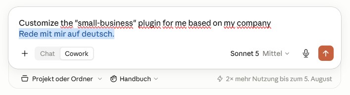 Anpassen-Prompt für das small-business-Plugin mit dem Zusatz "Rede mit mir auf deutsch."