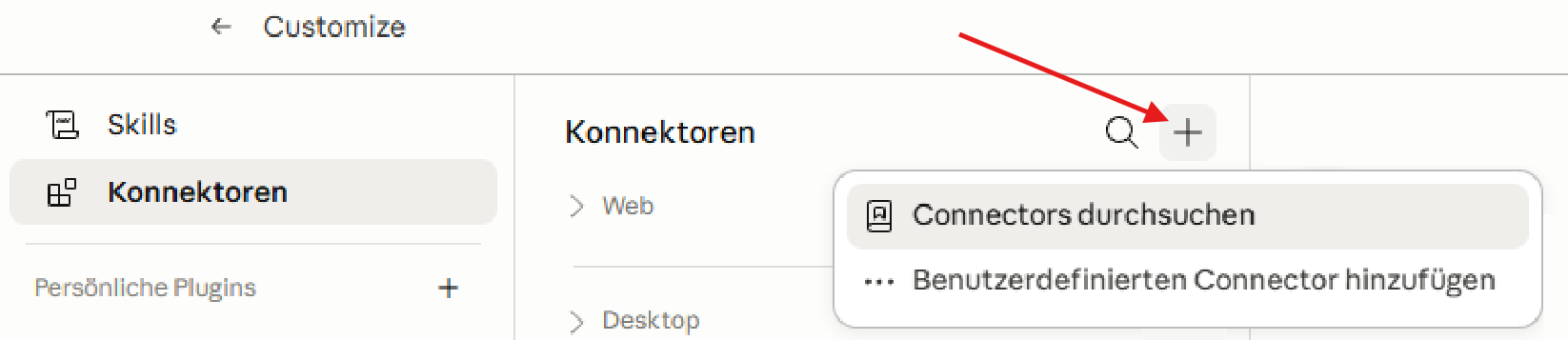 Konnektoren-Bereich in Claude Customize mit Plus-Symbol und dem Menüpunkt "Connectors durchsuchen"