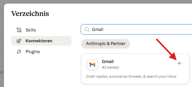 Gmail-Connector im Verzeichnis mit Plus-Button zum Hinzufügen