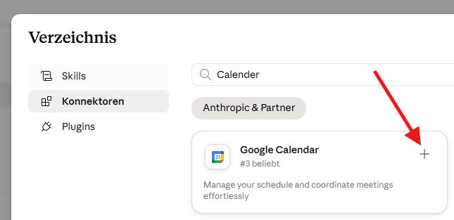 Google-Calendar-Connector im Verzeichnis mit Plus-Button zum Hinzufügen