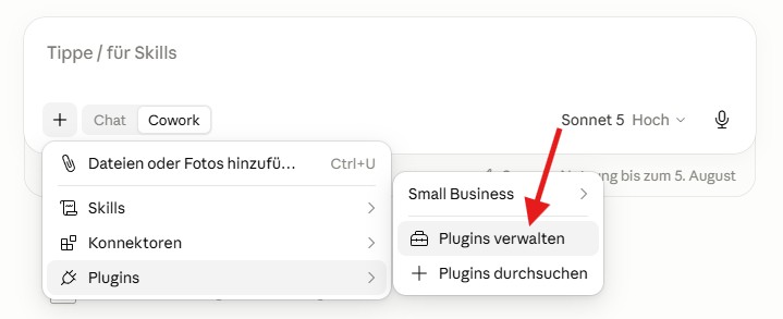 Plus-Menü in Claude Cowork mit den Optionen Plugins verwalten und Plugins durchsuchen