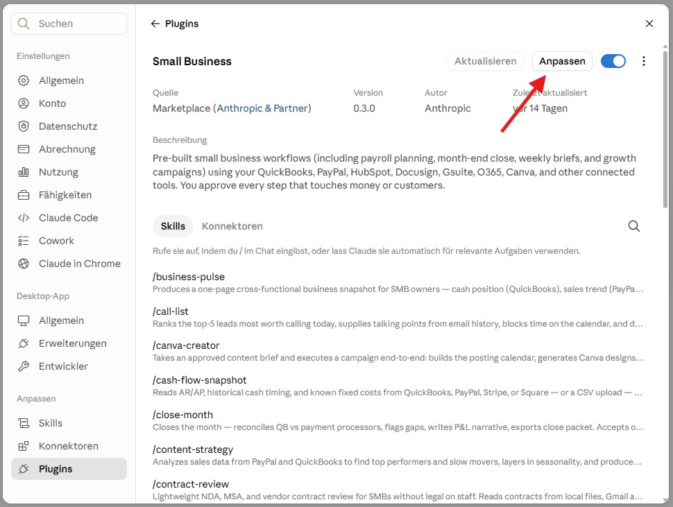 Plugin-Detailansicht mit dem Anpassen-Button oben rechts neben Aktualisieren