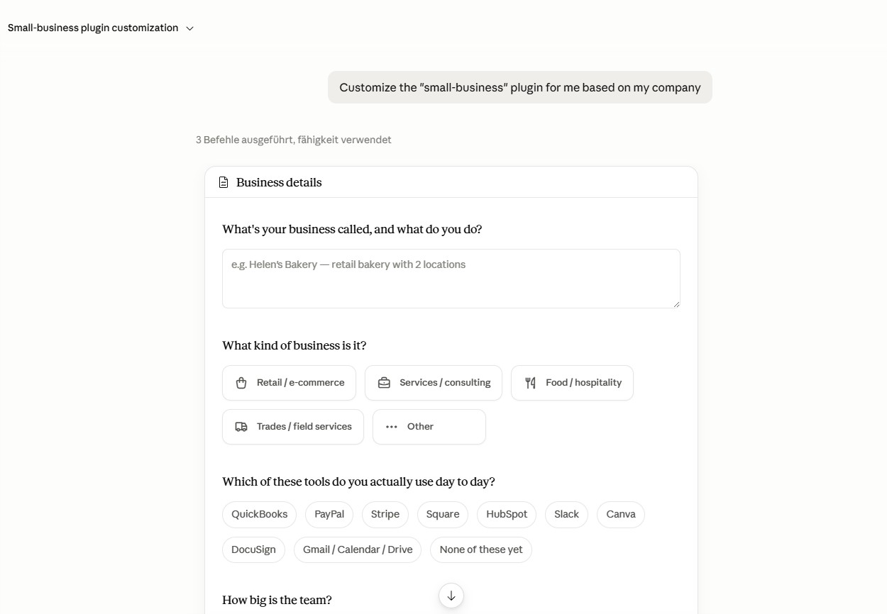 Formular "Business details" in Claude Cowork mit Fragen zu Unternehmen, Branche, genutzten Tools und Teamgröße